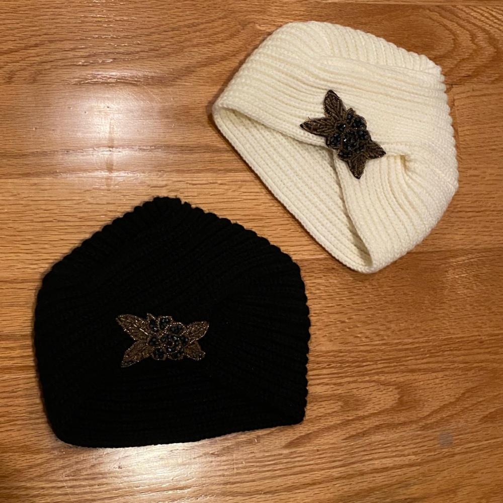 Black and White Knit Hats with Floral Embellishments